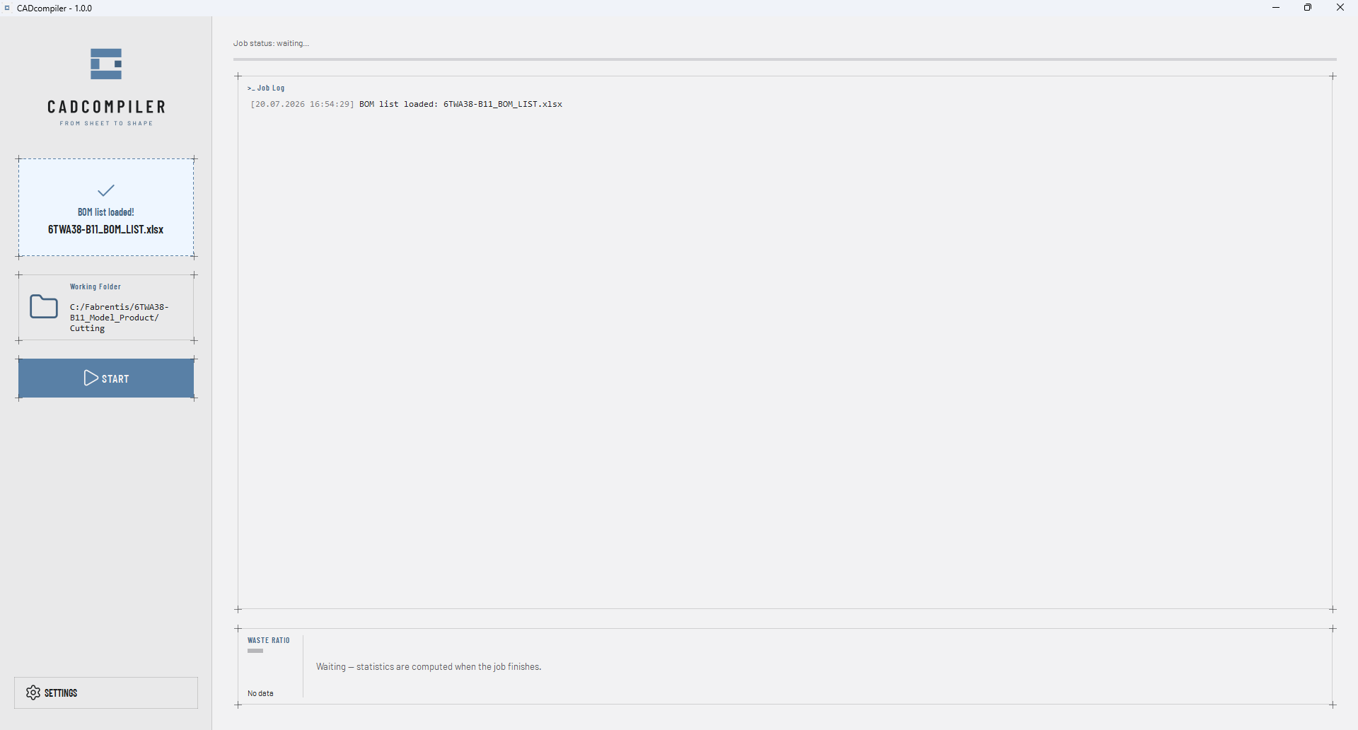 The CADcompiler main window with an Excel BOM list loaded and the working folder set, ready to start.