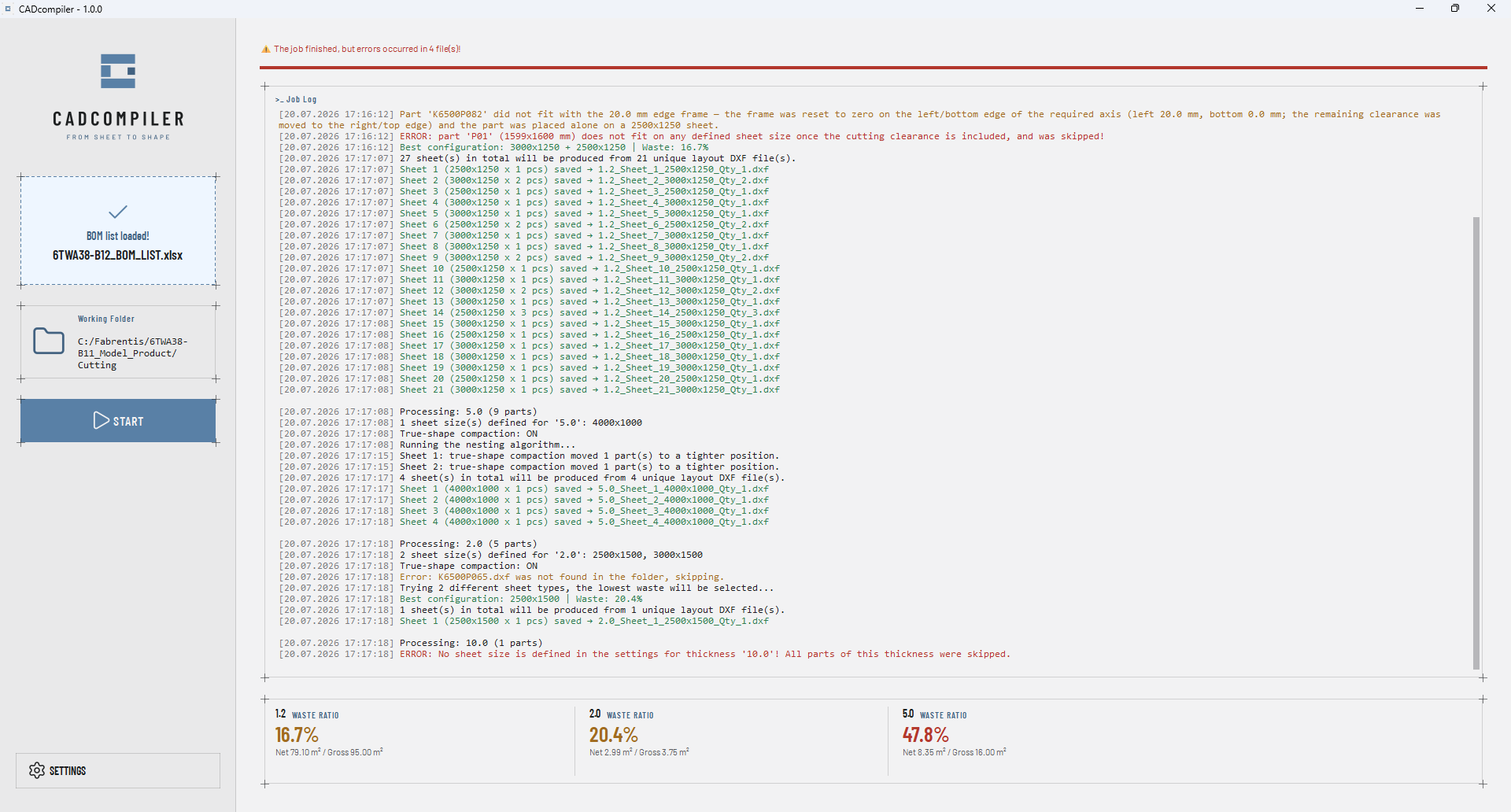 The CADcompiler job log reporting a run in which a problem was found, stated plainly in the log.