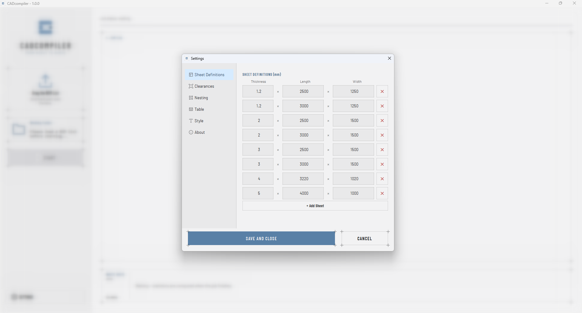 The CADcompiler settings dialog listing sheet definitions in millimetres by thickness, length and width.